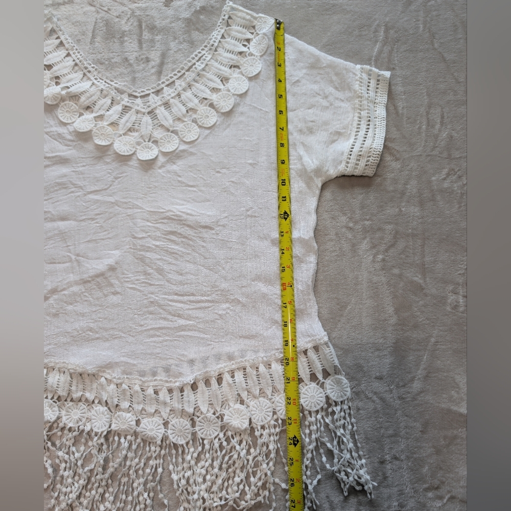 White Crochet Fringe Trim Beach Wear Women's Top Swim Cover Up Shirt Resortwear image 10